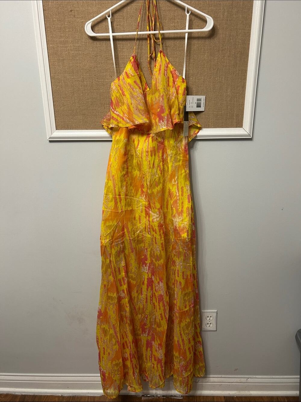 RVCA Yellow Coral Pink Ruffle Halter Maxi Dress